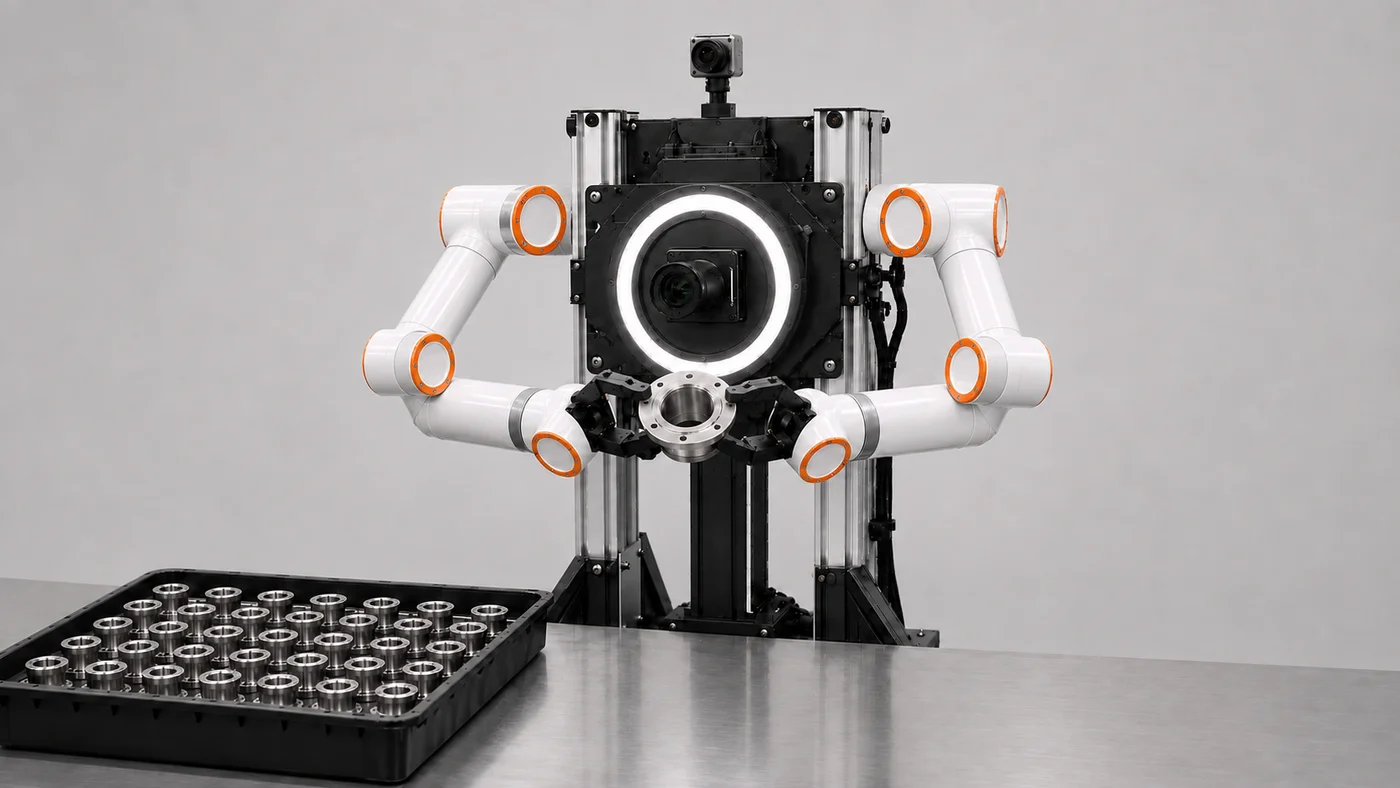 Concept illustration of a dual-arm CNC inspection workcell with magnified vision and controlled lighting