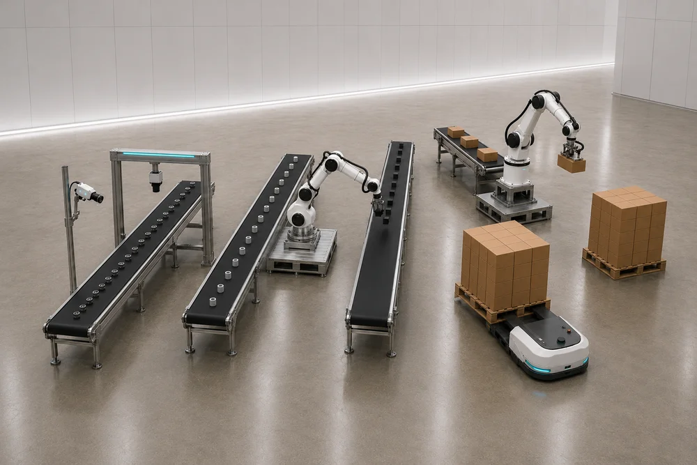 Flexible manufacturing concept with robotic handling, sorting, and conveyor workcells