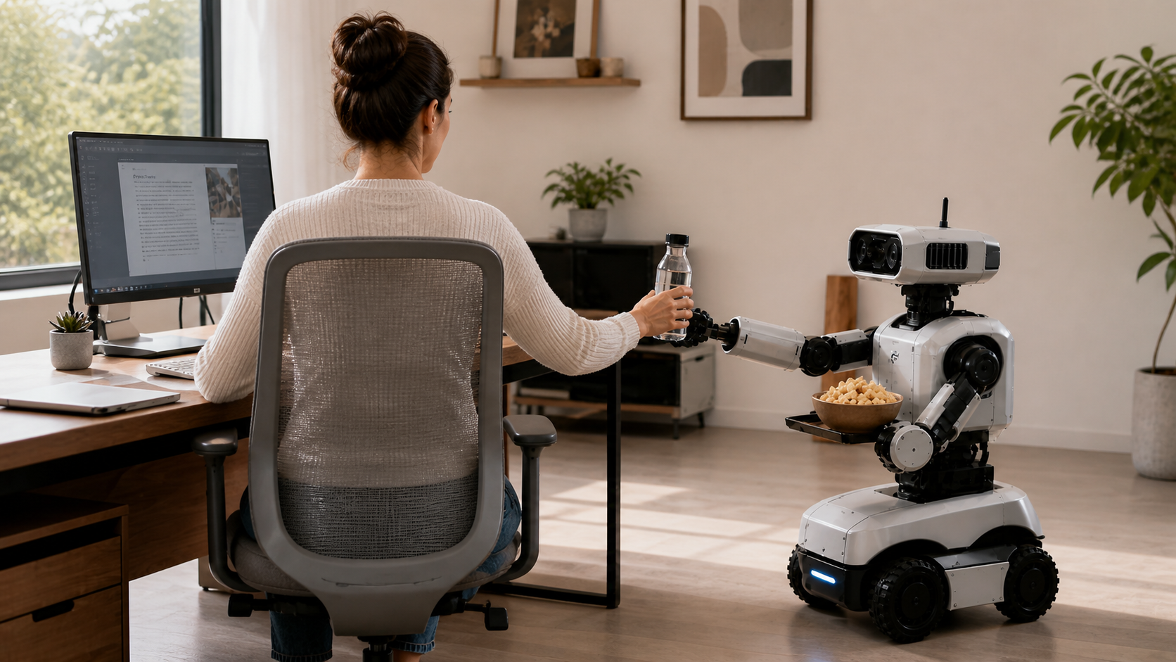 Robot brings a drink while a person is working